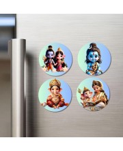 Radha Krishna, Shiva, Ganesha, Shiv Parvati with Ganesha Fridge Magnets 4 Piece Set | 3 Inch Round Wall Fridge Decor (F23224)