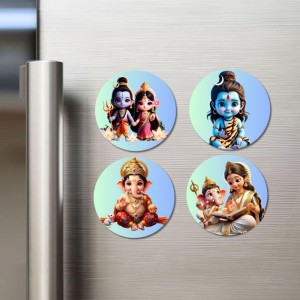 Radha Krishna, Shiva, Ganesha, Shiv Parvati with Ganesha Fridge Magnets 4 Piece Set | 3 Inch Round Wall Fridge Decor (F23224)