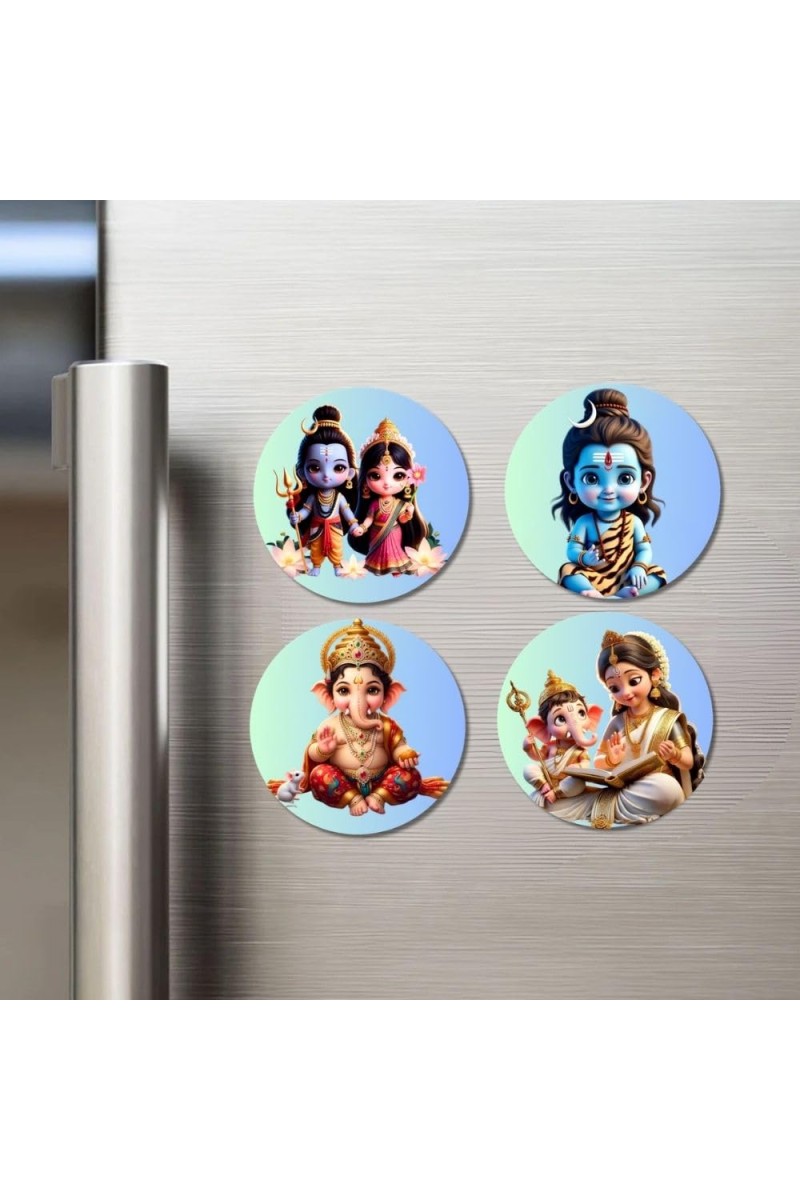 Radha Krishna, Shiva, Ganesha, Shiv Parvati with Ganesha Fridge Magnets 4 Piece Set | 3 Inch Round Wall Fridge Decor (F23224)