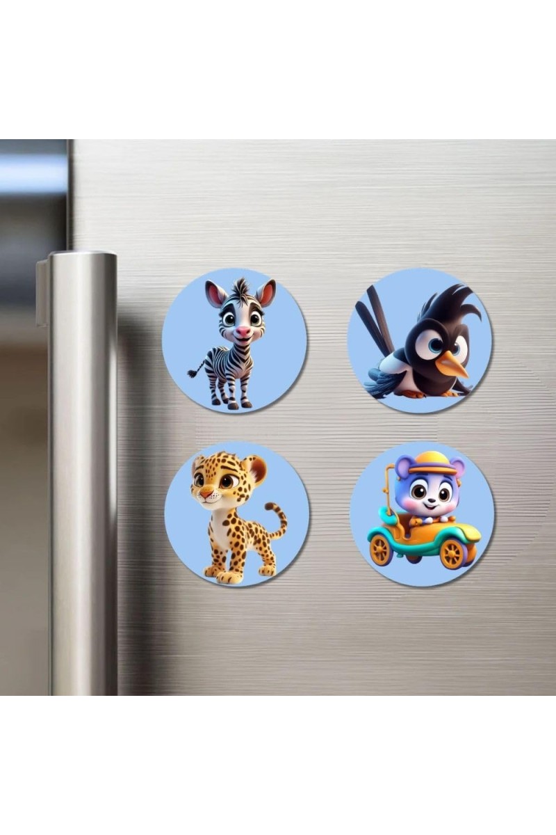 Zebra, Bird, Leopard, and Bear. Fridge Magnets 4 Piece Set | 3 Inch Round Wall Fridge Decor (F23100)