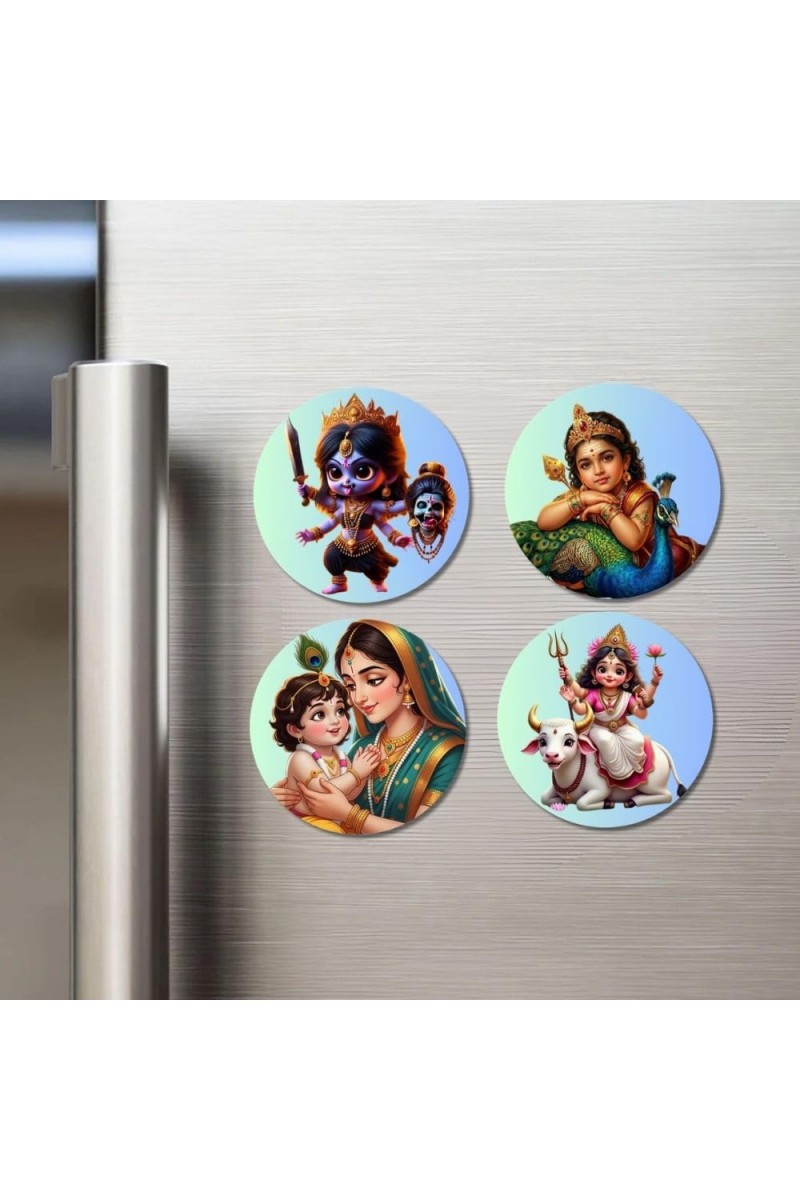 Kali, Krishna, Yashoda-Krishna, Durga Fridge Magnets 4 Piece Set | 3 Inch Round Wall Fridge Decor (F23265)