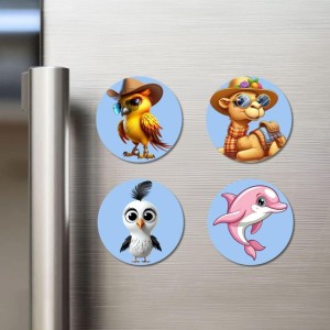 Bird, Camel, Seagull, and Dolphin. Fridge Magnets 4 Piece Set | 3 Inch Round Wall Fridge Decor (F23075)