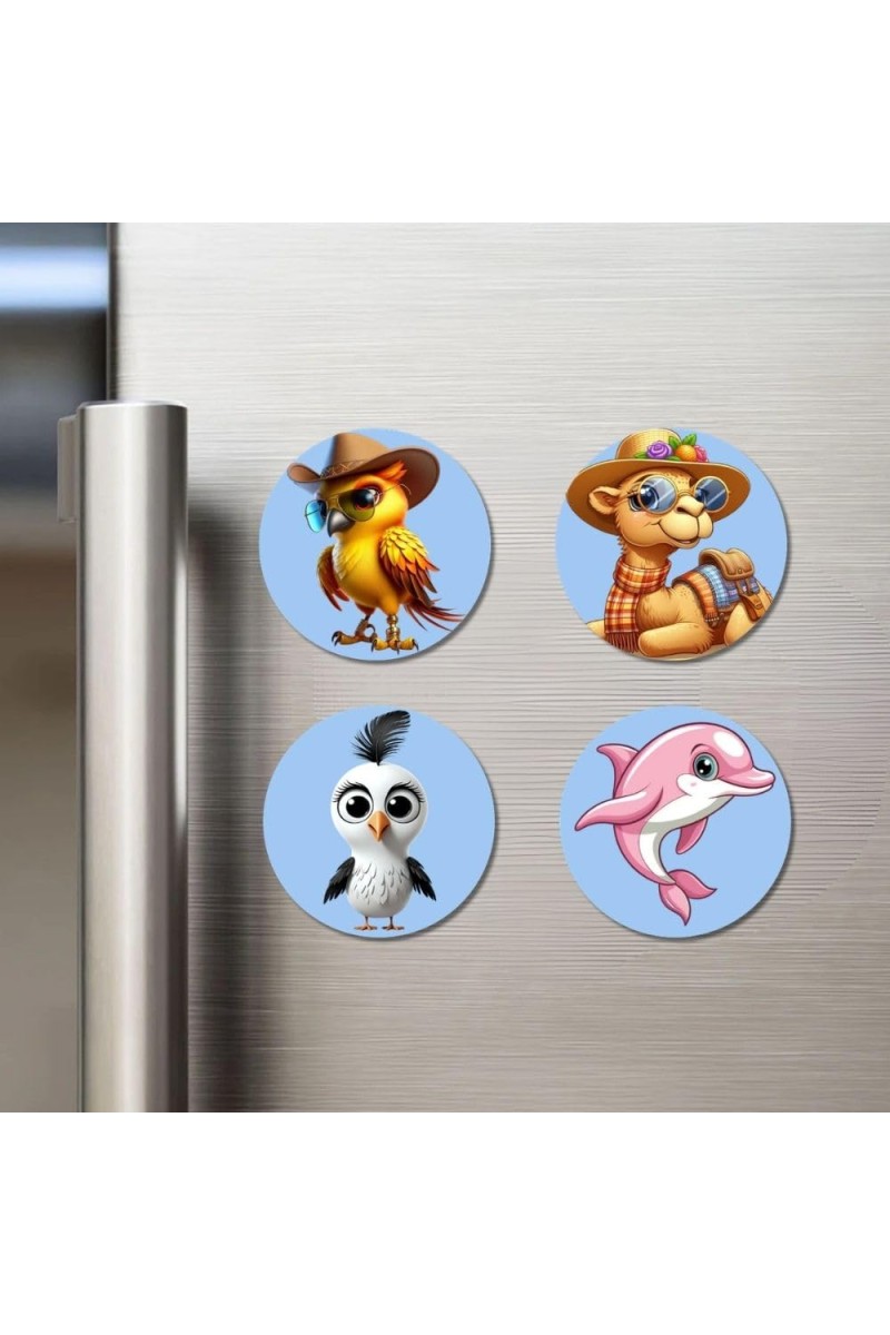 Bird, Camel, Seagull, and Dolphin. Fridge Magnets 4 Piece Set | 3 Inch Round Wall Fridge Decor (F23075)