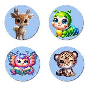 Deer, Caterpillar, Butterfly, and Leopard. Fridge Magnets 4 Piece Set | 3 Inch Round Wall Fridge Decor (F23068)