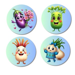 Brinjal, Celery, Garlic, Onion Fridge Magnets 4 Piece Set | 3 Inch Round Wall Fridge Decor (F23337)