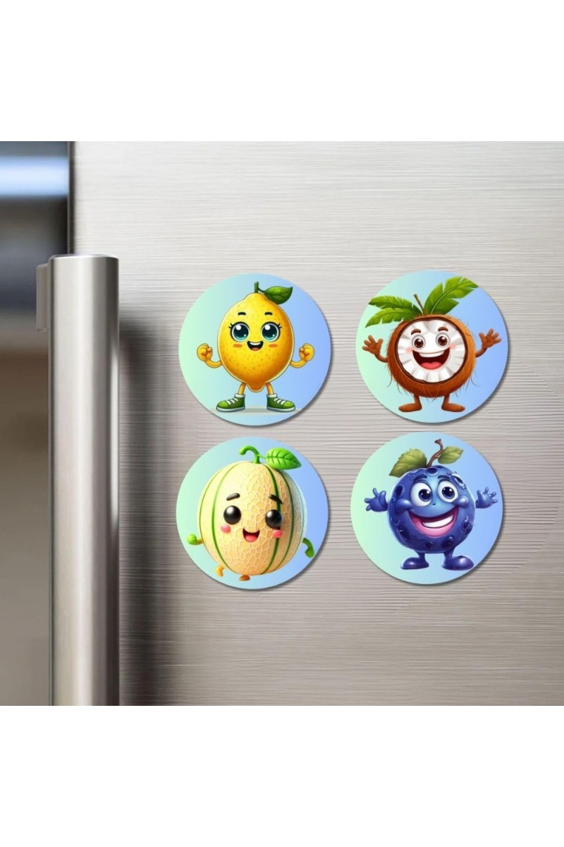 Lemon, Coconut, Musk Melon, Blueberry Fridge Magnets 4 Piece Set | 3 Inch Round Wall Fridge Decor (F23271)