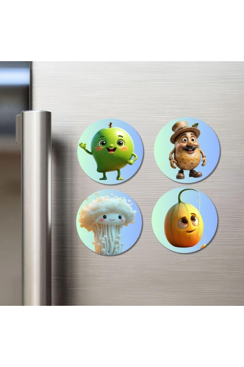 Mango, Potato, Cauliflower, Muskmelon Fridge Magnets 4 Piece Set | 3 Inch Round Wall Fridge Decor (F23313)