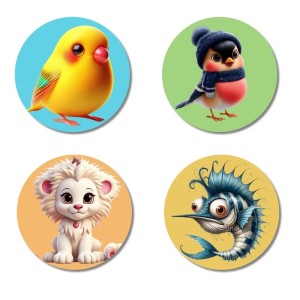Chick, Bird, Lion, and Swordfish Fridge Magnets 4 Piece Set | 3 Inch Round Wall Fridge Decor (F22891)