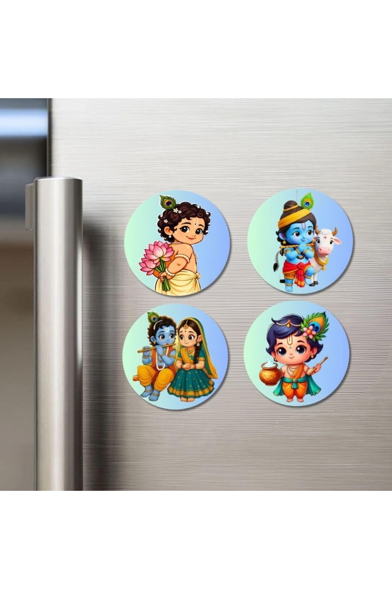 Krishna and Radha. Fridge Magnets 4 Piece Set | 3 Inch Round Wall Fridge Decor (F23201)