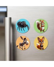 Spider, Squirrel, Donkey, and Fox. Fridge Magnets 4 Piece Set | 3 Inch Round Wall Fridge Decor (F22862)