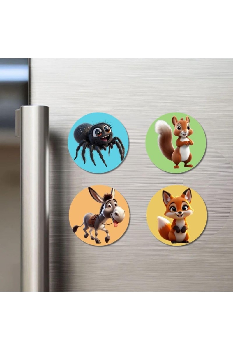 Spider, Squirrel, Donkey, and Fox. Fridge Magnets 4 Piece Set | 3 Inch Round Wall Fridge Decor (F22862)