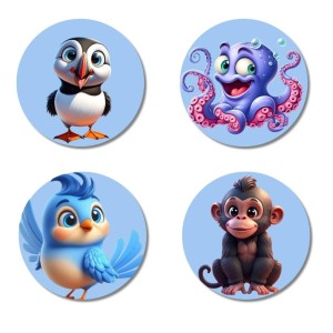 Puffin, Octopus, Bird, and Monkey. Fridge Magnets 4 Piece Set | 3 Inch Round Wall Fridge Decor (F23087) Puffin, Octopus, Bird, and Monkey. Fridge Magnets 4 Piece Set | 3 Inch Round Wall Fridge Decor (F23087)