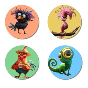 Bird, Flamingo, Rooster, and Chameleon. Fridge Magnets 4 Piece Set | 3 Inch Round Wall Fridge Decor (F23003)