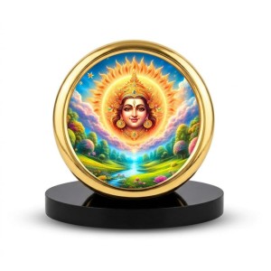 Car Desk/Table Top Lord Surya Bhagavan Metal Golden Photo Stand 2x2 Inches, Compact & Stylish Spiritual Display for Car, Home & Office (Pack of 1) (F18927)