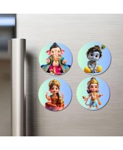 Ganesha, Krishna, Lakshmi, Hanuman Fridge Magnets 4 Piece Set | 3 Inch Round Wall Fridge Decor (F23169)