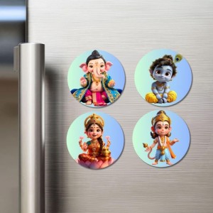 Ganesha, Krishna, Lakshmi, Hanuman Fridge Magnets 4 Piece Set | 3 Inch Round Wall Fridge Decor (F23169)