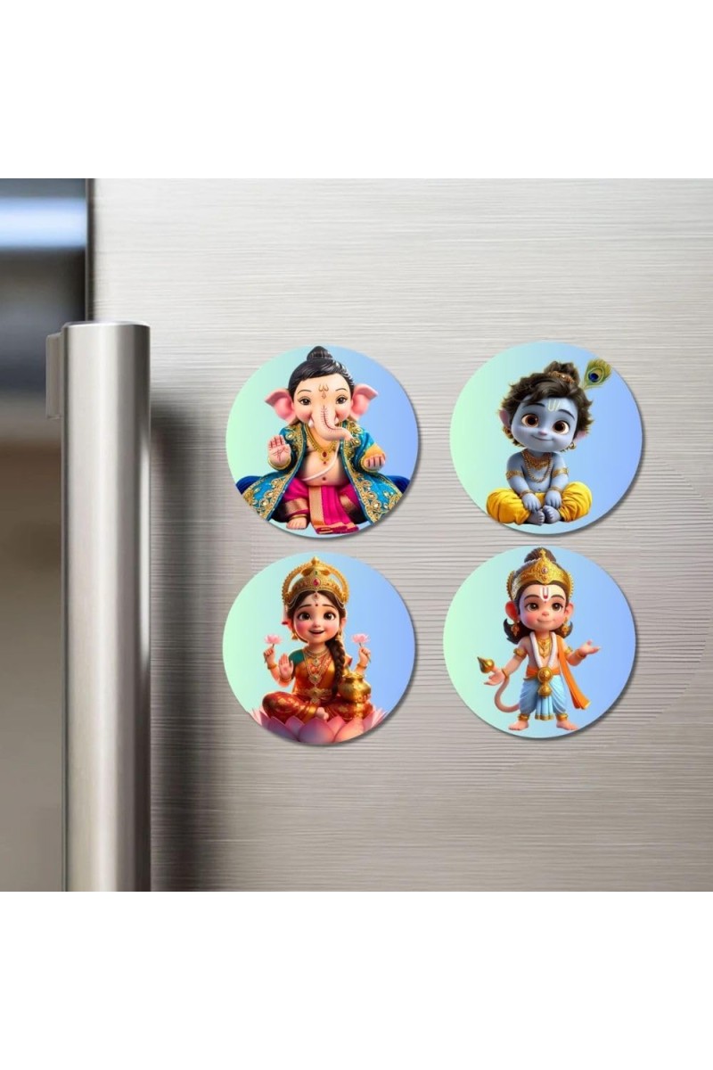 Ganesha, Krishna, Lakshmi, Hanuman Fridge Magnets 4 Piece Set | 3 Inch Round Wall Fridge Decor (F23169)