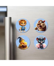 Lion, Beaver, Chick, and Panther. Fridge Magnets 4 Piece Set | 3 Inch Round Wall Fridge Decor (F23144)