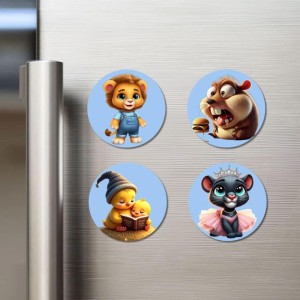 Lion, Beaver, Chick, and Panther. Fridge Magnets 4 Piece Set | 3 Inch Round Wall Fridge Decor (F23144)