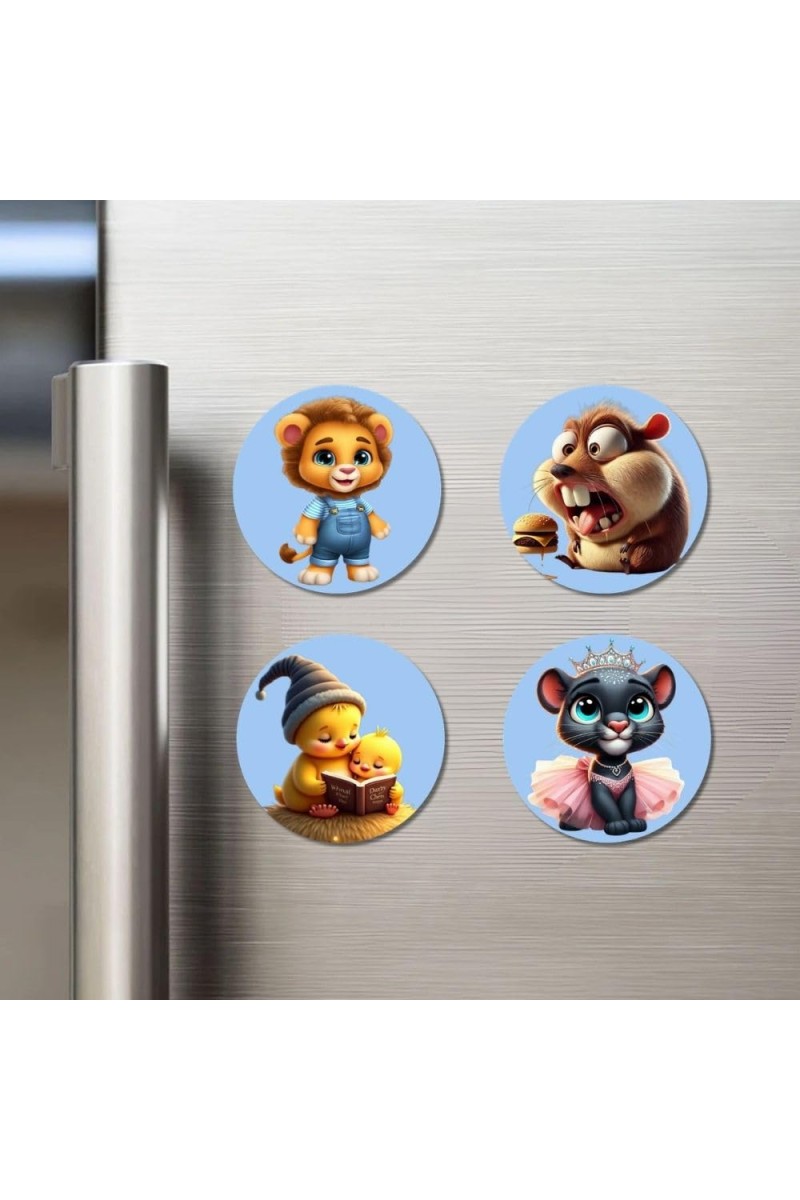 Lion, Beaver, Chick, and Panther. Fridge Magnets 4 Piece Set | 3 Inch Round Wall Fridge Decor (F23144)