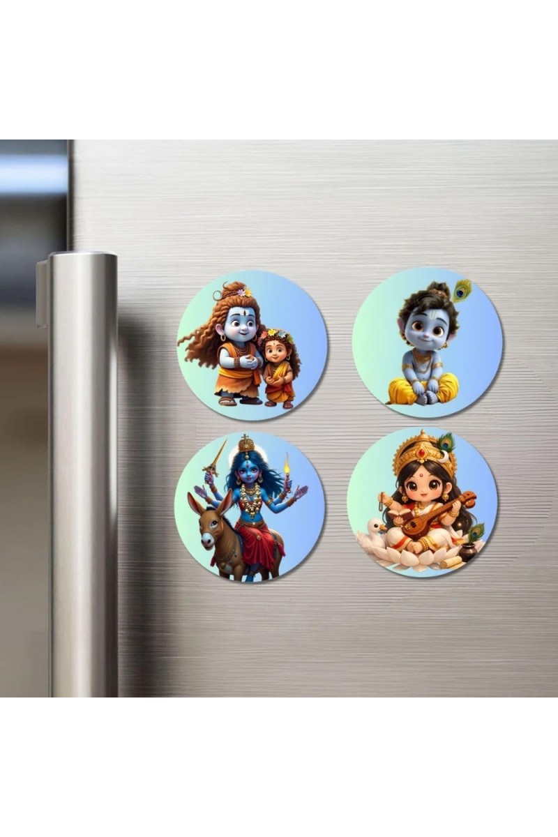 Shiva, Parvati, Krishna, Kalaratri, and Saraswati. Fridge Magnets 4 Piece Set | 3 Inch Round Wall Fridge Decor (F23194)