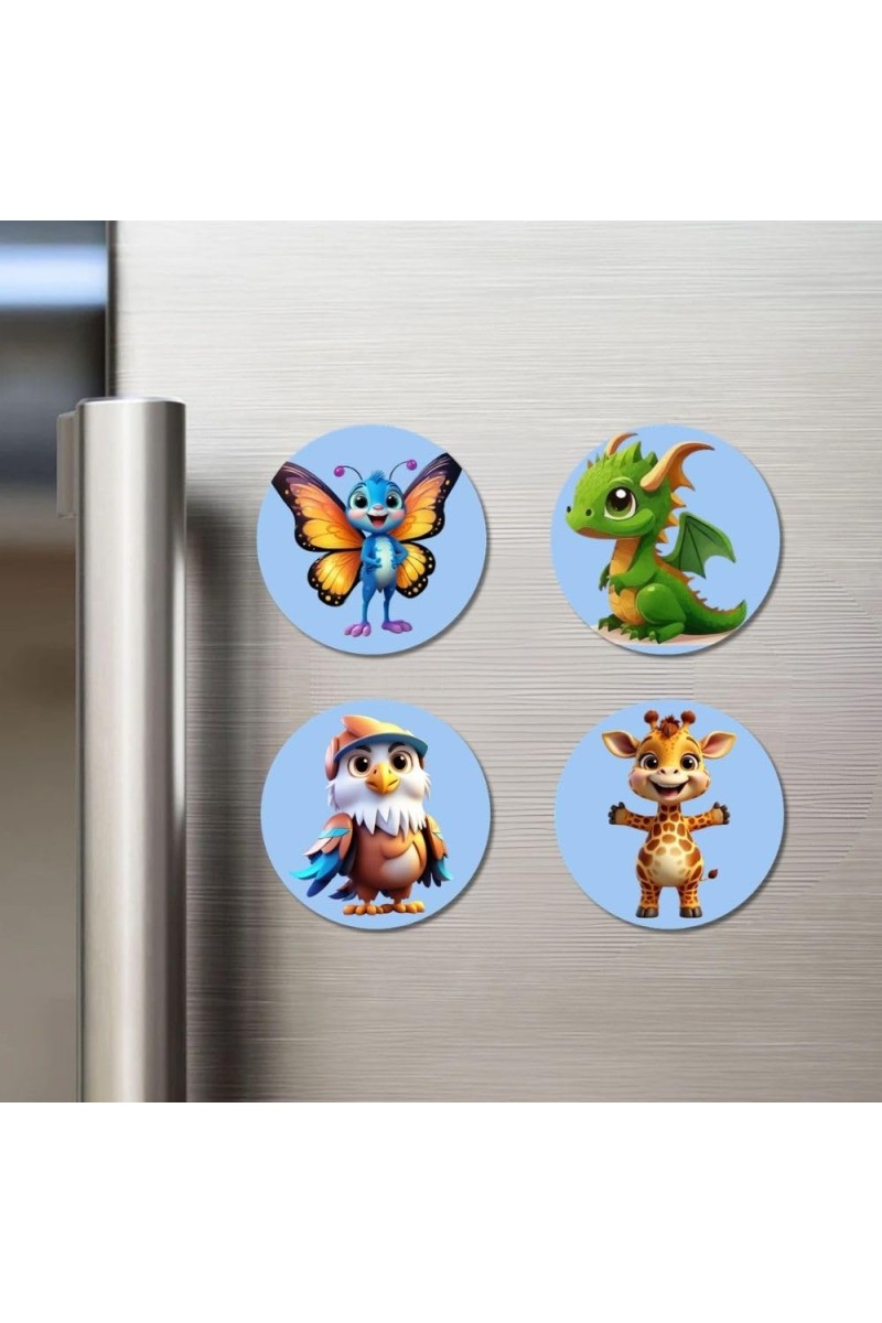Butterfly, Dragon, Eagle, Giraffe Fridge Magnets 4 Piece Set | 3 Inch Round Wall Fridge Decor (F23154)