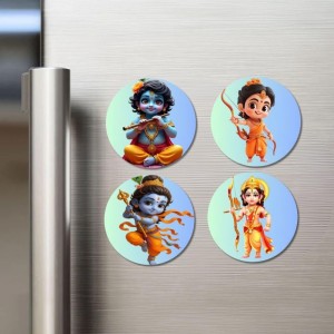 Krishna Rama Fridge Magnets 4 Piece Set | 3 Inch Round Wall Fridge Decor (F22838)