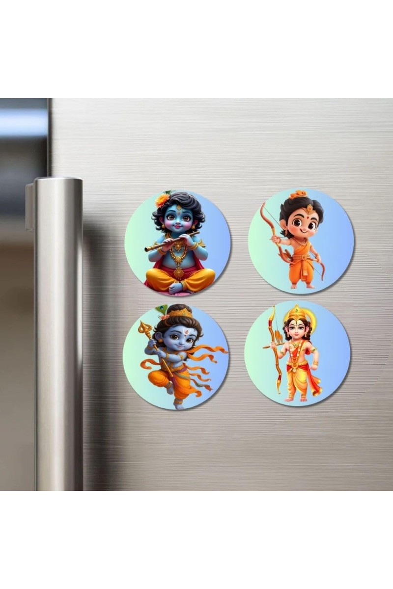 Krishna Rama Fridge Magnets 4 Piece Set | 3 Inch Round Wall Fridge Decor (F22838)