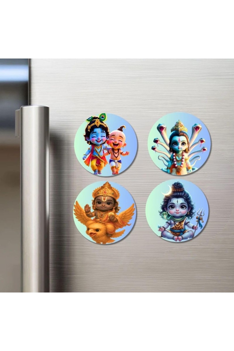 Krishna and Sudama, Vishnu On Garuda, Shiva Fridge Magnets 4 Piece Set | 3 Inch Round Wall Fridge Decor (F23220)