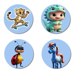 Leopard, Dinosaur, Ladybug, and Pony. Fridge Magnets 4 Piece Set | 3 Inch Round Wall Fridge Decor (F23055)