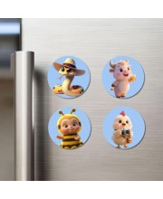 Snake, Cow, Bee, and Chick. Fridge Magnets 4 Piece Set | 3 Inch Round Wall Fridge Decor (F23142)