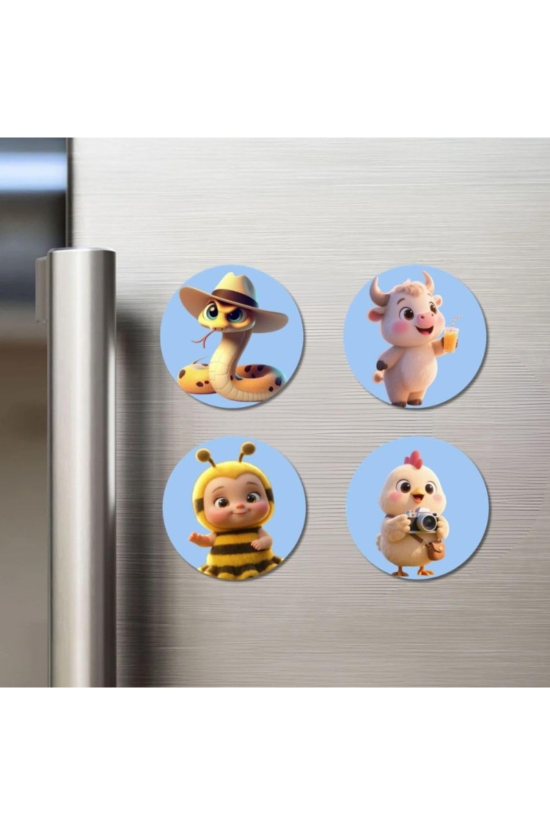 Snake, Cow, Bee, and Chick. Fridge Magnets 4 Piece Set | 3 Inch Round Wall Fridge Decor (F23142)