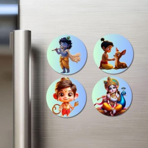 Krishna, Rama, and Hanuman. Fridge Magnets 4 Piece Set | 3 Inch Round Wall Fridge Decor (F22832)