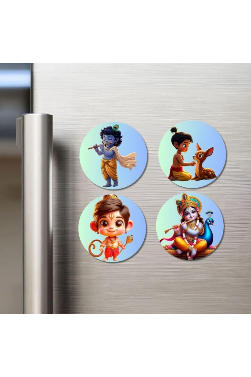 Krishna, Rama, and Hanuman. Fridge Magnets 4 Piece Set | 3 Inch Round Wall Fridge Decor (F22832)