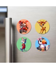 Mouse, Deer, Wolf, and Toucan. Fridge Magnets 4 Piece Set | 3 Inch Round Wall Fridge Decor (F23037)