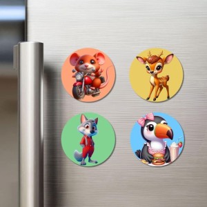 Mouse, Deer, Wolf, and Toucan. Fridge Magnets 4 Piece Set | 3 Inch Round Wall Fridge Decor (F23037)