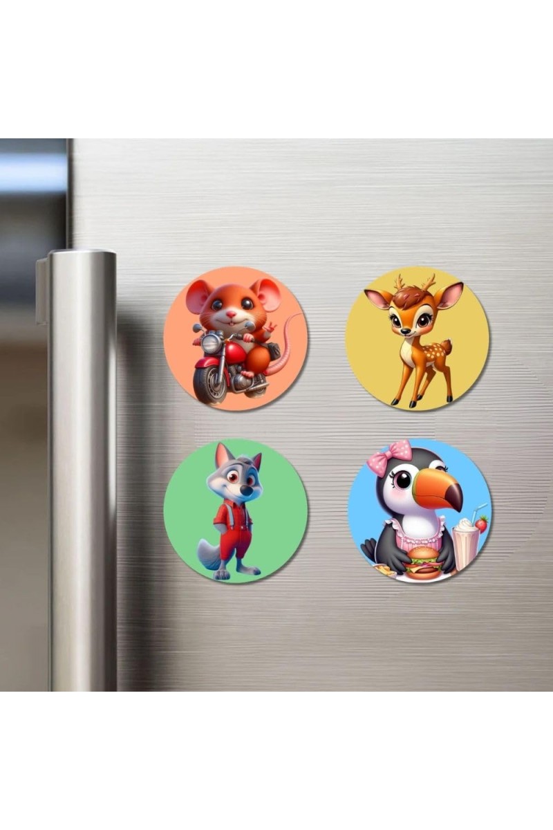 Mouse, Deer, Wolf, and Toucan. Fridge Magnets 4 Piece Set | 3 Inch Round Wall Fridge Decor (F23037)