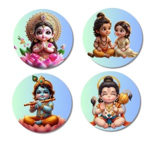 Lakshmi, Rama, Sita, Krishna, and Hanuman. Fridge Magnets 4 Piece Set | 3 Inch Round Wall Fridge Decor (F23193)
