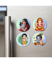 Krishna, Yashoda, Ganesha, and Kartikeya. Fridge Magnets 4 Piece Set | 3 Inch Round Wall Fridge Decor (F22831)