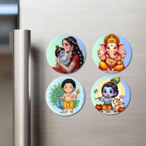 Krishna, Yashoda, Ganesha, and Kartikeya. Fridge Magnets 4 Piece Set | 3 Inch Round Wall Fridge Decor (F22831)