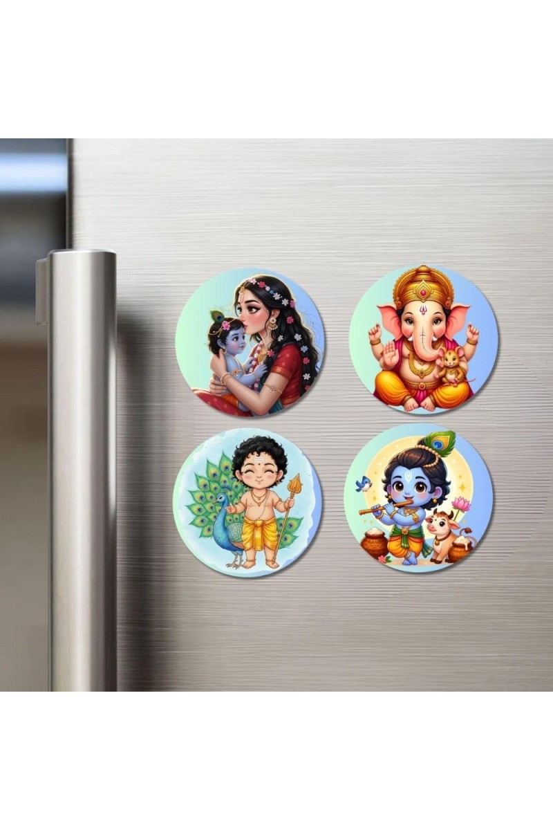 Krishna, Yashoda, Ganesha, and Kartikeya. Fridge Magnets 4 Piece Set | 3 Inch Round Wall Fridge Decor (F22831)