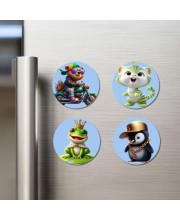 Biker Bear, Green Kitten, Frog Prince, Rapper Penguin Fridge Magnets 4 Piece Set | 3 Inch Round Wall Fridge Decor (F23162)