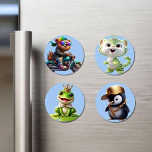 Biker Bear, Green Kitten, Frog Prince, Rapper Penguin Fridge Magnets 4 Piece Set | 3 Inch Round Wall Fridge Decor (F23162)