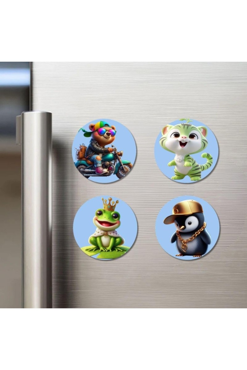 Biker Bear, Green Kitten, Frog Prince, Rapper Penguin Fridge Magnets 4 Piece Set | 3 Inch Round Wall Fridge Decor (F23162)