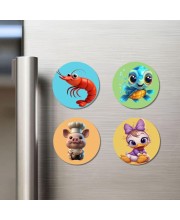 Shrimp, Turtle, Pig, and Duck. Fridge Magnets 4 Piece Set | 3 Inch Round Wall Fridge Decor (F22880)