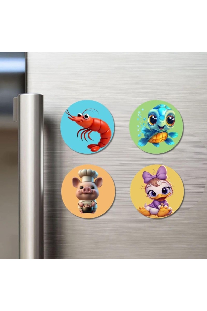Shrimp, Turtle, Pig, and Duck. Fridge Magnets 4 Piece Set | 3 Inch Round Wall Fridge Decor (F22880)
