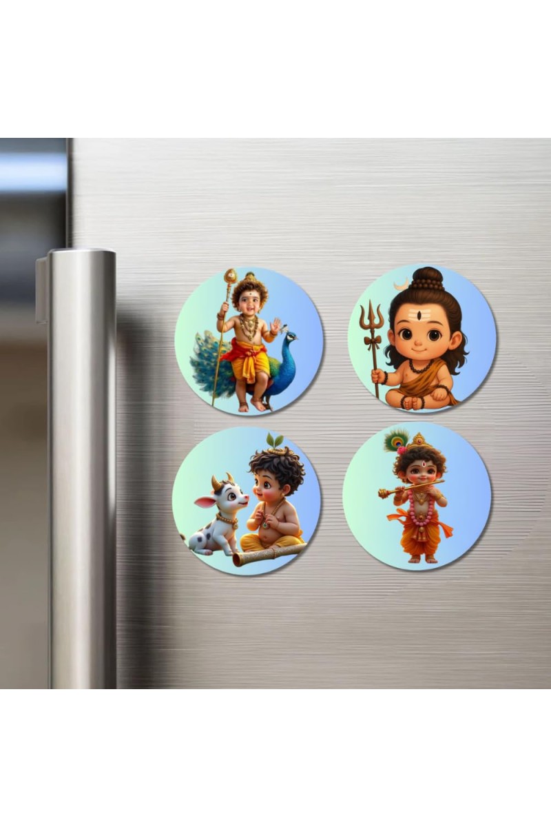 Krishna, Radha, Ganesha, and Hanuman. Fridge Magnets 4 Piece Set | 3 Inch Round Wall Fridge Decor (F22790)