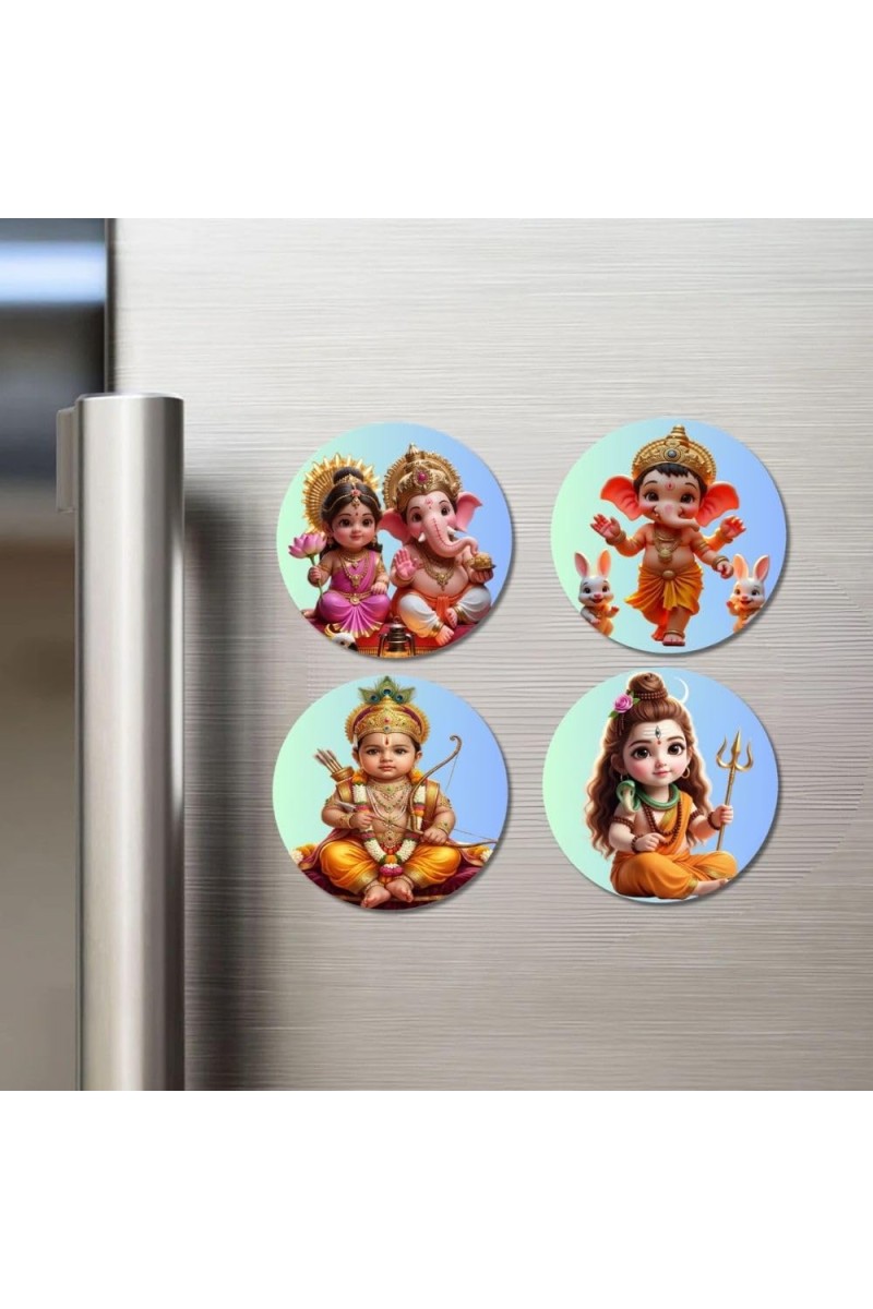 Lakshmi, Ganesha, Rama, and Shiva. Fridge Magnets 4 Piece Set | 3 Inch Round Wall Fridge Decor (F23196)