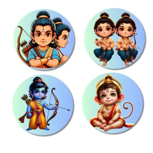 Ram, Luv Kush, Krishna, Hanuman Fridge Magnets 4 Piece Set | 3 Inch Round Wall Fridge Decor (F23222)