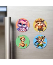 Cat, Rabbit, Bee, and Cheetah. Fridge Magnets 4 Piece Set | 3 Inch Round Wall Fridge Decor (F22962)